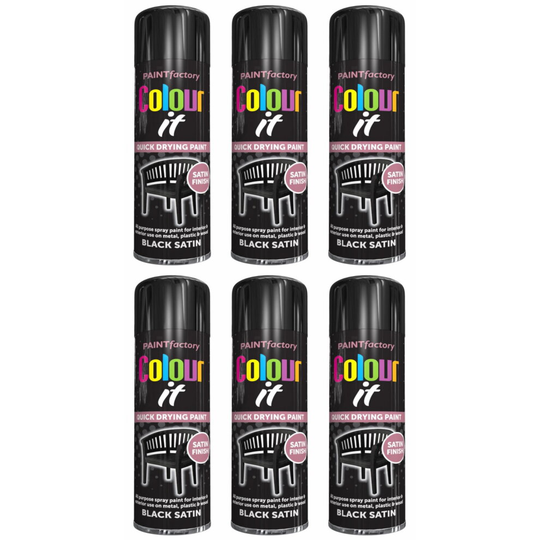 (250ml, 6) Paint Spray Can Bottle BLACK SATIN Quick Dry