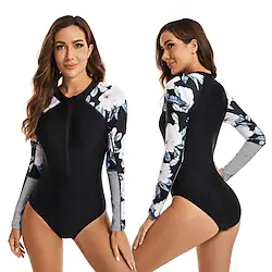 Women's Rash Guard One Piece Swimsuit UV Sun Protection UPF50 Quick Dry Long Sleeve Swimwear Bathing Suit Front Zip Swimming Diving Surfing Beach Floral Printed Autumn / Fall Spring Summer Lightinthebox
