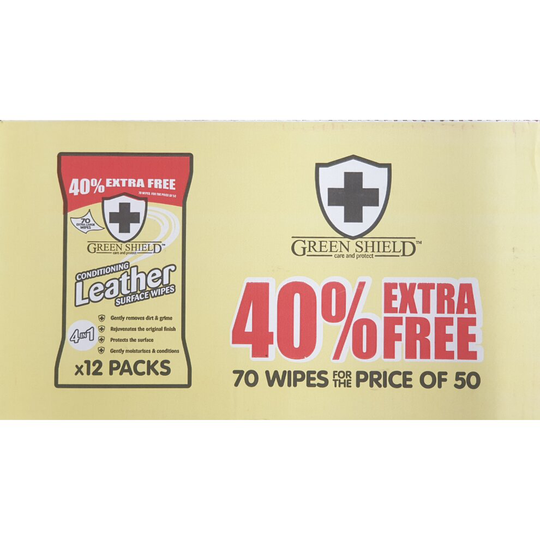 BULK BOX OF 840 PCS (70 X 12 PK) LARGE GREEN SHIELD CONDITIONING LEATHER SURFACE CLEANING WIPES REMOVES DIRT PROTECTS REJUVENATES ORIGINAL FINISH