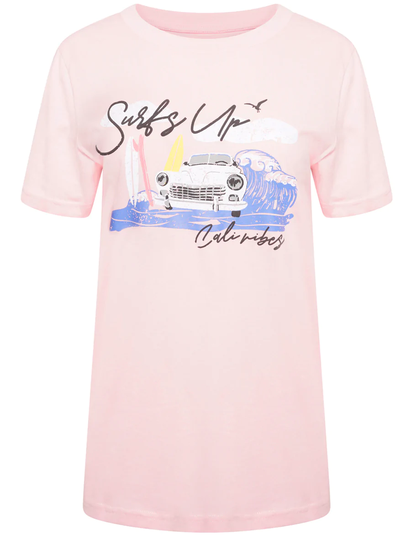 T-Shirts Surfs Up Motif Cotton Crew Neck T-shirt in Pink Almond Blossom - South Shore / 14/L - Tokyo Laundry