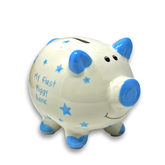 Ceramic Blue My First Piggy Bank Kids Fund Savings Children Cash Coin Box Small