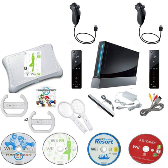 (Without original boxes) BLACK Nintendo Wii Console MEGA Bundle, 2 Remotes Nunchuks Mario Kart Sports Just Dance wii Fit Balance Board