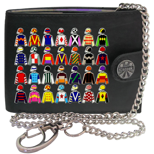 (With Chain) Horse Racing Jockey Bet Gamble Mens Wallet Chain Leather Coin Pocket Klassek RFID Blocking Credit Card Slots and Metal Gift Box