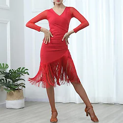Latin Dance Dress Tassel Pure Color Splicing Women's Training Performance Long Sleeve High Polyester Lightinthebox