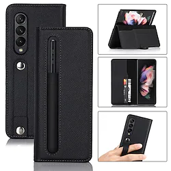 Phone Case For Samsung Galaxy Back Cover Z Fold 3 Portable Pencil Holder with Stand Solid Colored Genuine Leather Lightinthebox