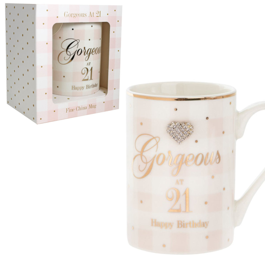 Mad Dots Boxed Checked Mug Cup with wording & diamante heart - 21st Birthday