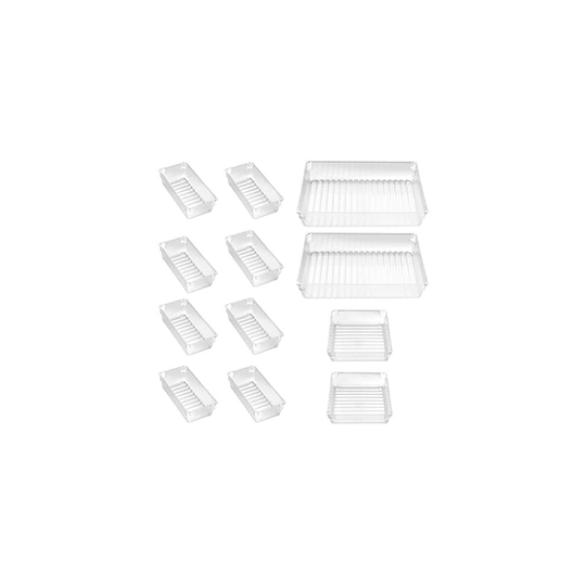 Desk Drawer Organiser Trays, Set of 12 Clear Plastic Storage Boxes Divider for Makeup Jewelries Utensils Stationery, Drawer Tidy Trays Cosmetic O