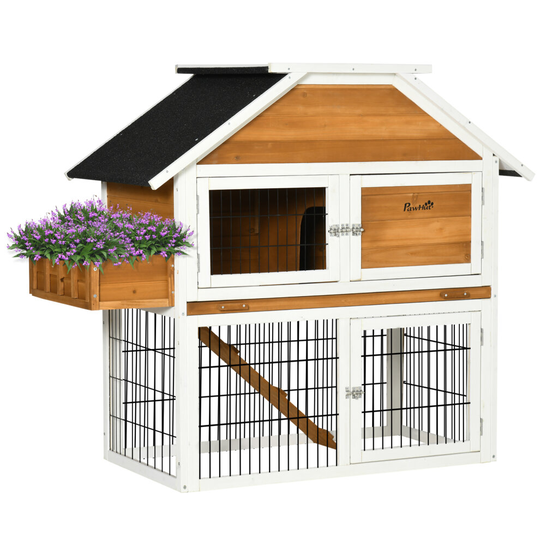 PawHut 2 Tier Wooden Rabbit Hutch Guinea Pig Cage with Plant Box Tray