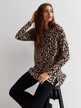 New Look Brown Leopard Print Fine Knit Long Sleeve Top