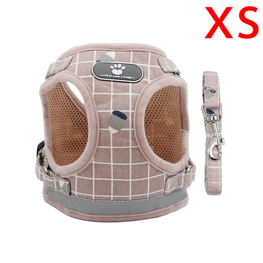 (Pink lattice, XS) Puppy Dog Cat Harness Walking Leads Set Pet Supplies Reflective Vest