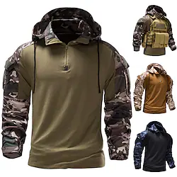Men's Tactical Military Shirts 1/4 Zip Long Sleeve Shirt with Pockets Detachable Cap Camouflage Shirt Hunting Uniform Cargo Pullover Outdoor T-Shirt Army Combat Golf Shirts Lightinthebox