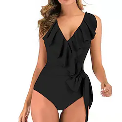 Women's Swimwear One Piece Monokini Bathing Suits Normal Swimsuit Ruffle Open Back Pure Color Black Gray Wine Army Green Fuchsia V Wire Bathing Suits New Vacation Fashion / Modern / Padded Bras Lightinthebox