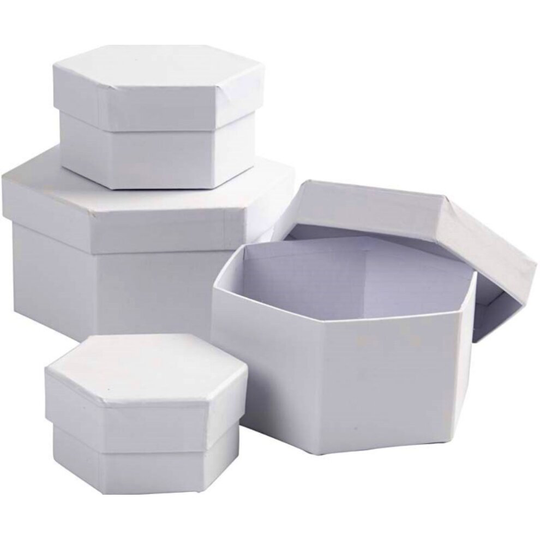 4 White Paper Mache Hexagonal Stacking Boxes - Largest 11.5x7cm