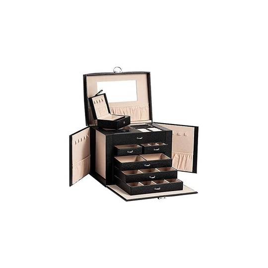 ADEL DREAM Large Lockable 5-Tier 5-Drawer Jewellery Box with Mirror, for Rings, Earrings, Necklaces and Bracelets, Elegant and Classic