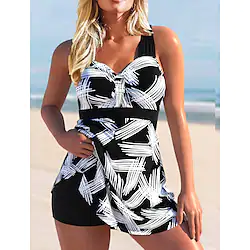 Women's Swimwear Tankini 2 Piece Plus Size Swimsuit 2 Piece Open Back Print Striped Black Blue Rosy Pink White V Wire Bathing Suits New Vacation Casual Lightinthebox