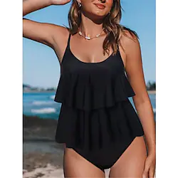 Women's Swimwear Tankini 2 Piece Plus Size Swimsuit Ruffle Open Back High Waisted Pure Color Black Camisole Strap Bathing Suits New Vacation Fashion / Modern Lightinthebox