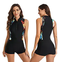 Women's Rash Guard One Piece Swimsuit UV Sun Protection UPF50 Quick Dry Sleeveless Swimwear Bathing Suit Front Zip Boyleg Swimming Diving Surfing Beach Floral Autumn / Fall Spring Summer Lightinthebox