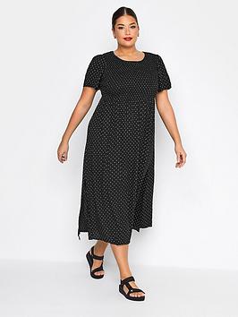 Yours Clothing Shirred Crinkle Viscose Dress Black Spot, Black, Size 16, Women
