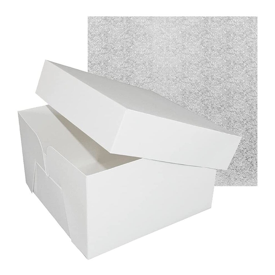Culpitt 10 Inch Square Silver Cake Drum Board & White Cake Box Combo