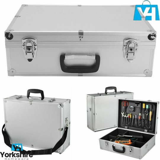 Deep Chest Heavy Duty Hand Carry Aluminum Lockable Tool Case Silver Storage Box