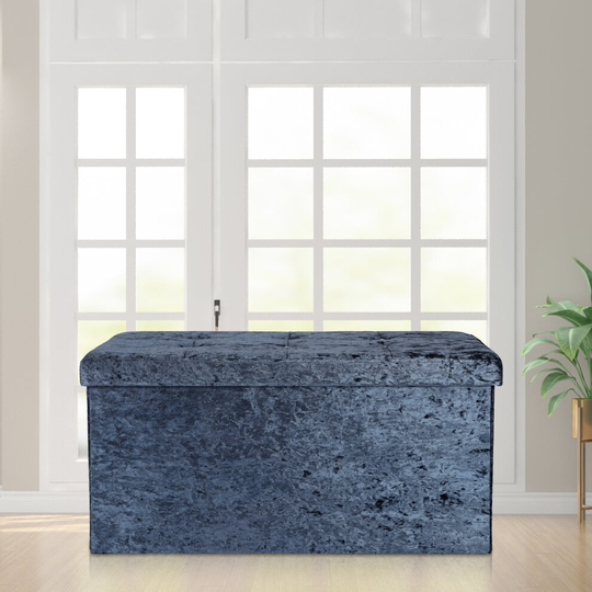 (Dark Blue) Velvet Storage Box Folding Seat Stool