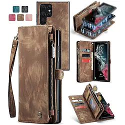 Phone Case For Samsung Galaxy Wallet Card S22 Ultra Plus S21 FE S20 A72 A52 A32 5G Note 20 10 Ultra Plus A51 Zipper with Phone Strap Kickstand Solid Colored PU Leather Lightinthebox