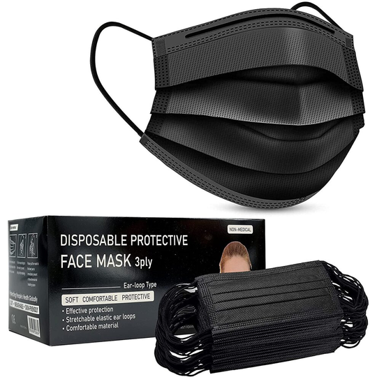Disposable Black Face_mask Box of 50 | Breathable Triple Layer Mouth Cover with Elastic Ear loops| UK Seller