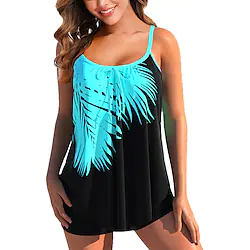 Women's Swimwear Tankini 2 Piece Plus Size Swimsuit Open Back Printing Plaid Flower Green Blue Purple Yellow Navy Blue Camisole Strap Bathing Suits New Vacation Fashion / Modern / Padded Bras Lightinthebox