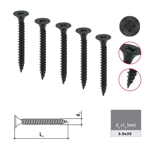 PLASTERBOARD SCREWS DRYWALL BLACK BUGLE HEAD FINE THREAD DRYLINING - 3.5x35mm Pack of 200