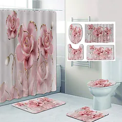 4PCS Shower Curtain Set with Rug Flower Theme Toilet Lid Cover Sets with Non-Slip Rug Bath Mat for Bathroom,Small Waves By The Flower Pattern,Polyester,Waterproof Lightinthebox
