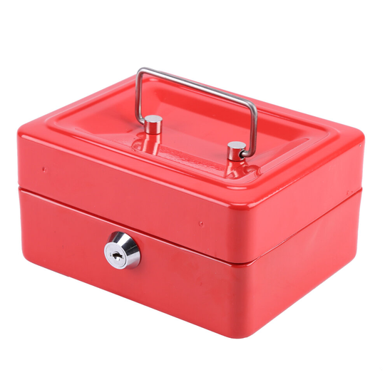 (Red) Key Lock Tin Safe Lockable Small Money Box