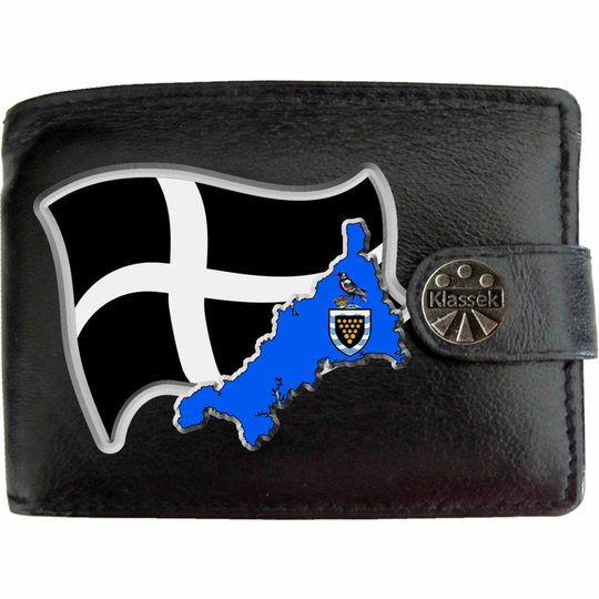 (Standard) Cornwall Flag Cornish Map COA Mens Wallet Chain Leather Coin Pocket Klassek RFID Blocking Credit Card Slots and Metal Gift Box