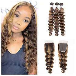 3 Bundles with Closure Hair Weaves Brazilian Hair Loose Deep Wave Human Hair Extensions Remy Human Hair Hair Weft with Closure 10-26 inch Light Brown Dark Brown Women / Daily Wear Lightinthebox