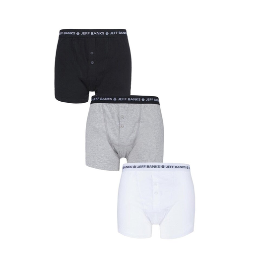(M) Jeff Banks 3 Pack Men's Marlow Button Boxer Shorts- Black / Grey / White