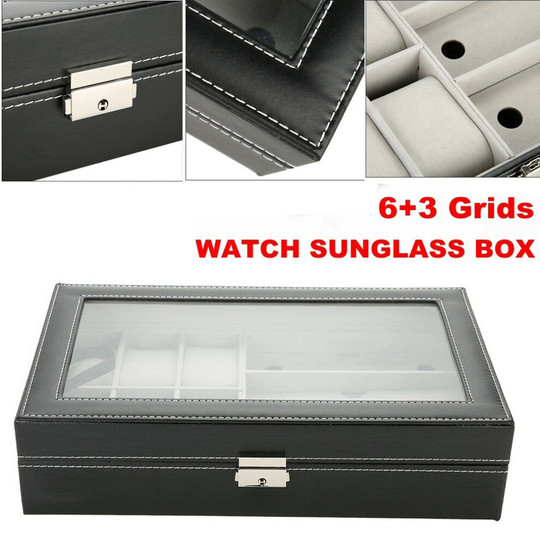 6+3 Grid Watch Box Sunglasses Organizer Jewelry Display Case Leather