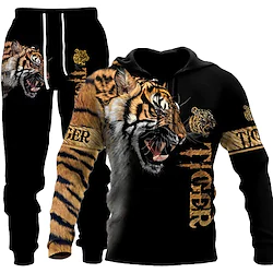 Men's Tracksuit Sweatsuit 2 Piece Athletic Long Sleeve Thermal Warm Breathable Moisture Wicking Fitness Running Jogging Sportswear Activewear Lion Light Yellow Light Brown Brown / Hoodie / Athleisure Lightinthebox