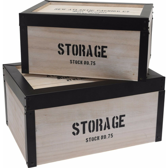Set Of 2 Retro Wooden Storage Boxes With Black Metal Trim