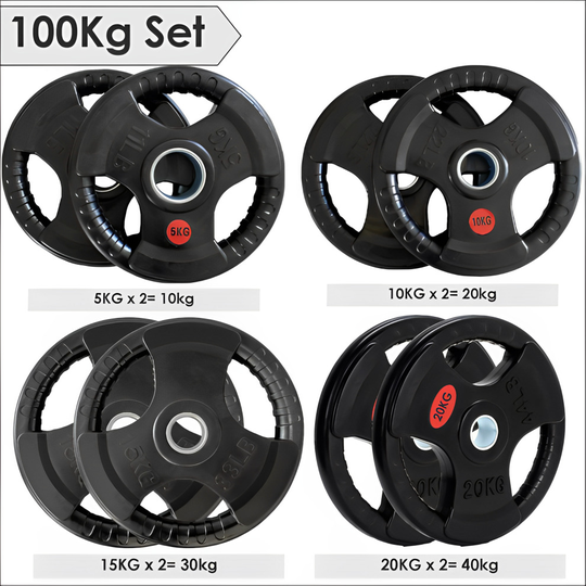 (100Kg Set) Standard 1 Inch Tri-Grip Rubber Weight Plates