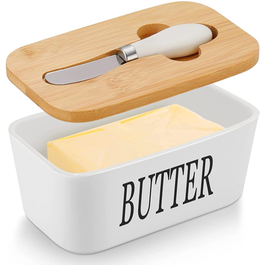 (White Ceramic french butter dish with lid knife holder) Ceramic french butter dish with lid knife holder container insulated storage box