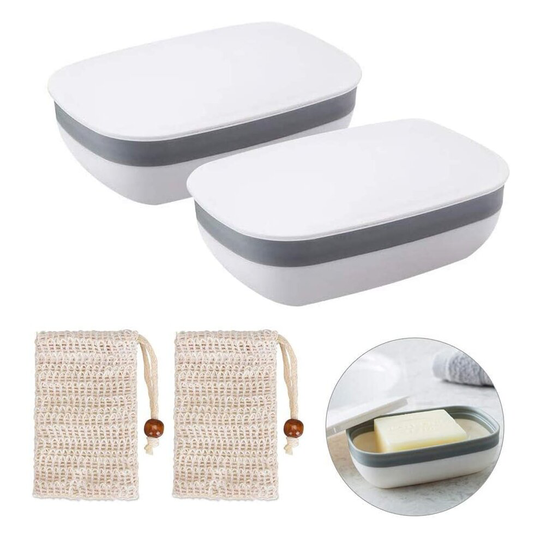 Queta Travel Soap Cases, 2-Pack Soap Dish with 2-Pack Sisal Soap Bag Portable Leak Proof Soap Box Soap Holder for Camping Home Bath (box with lid)