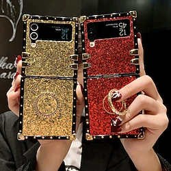 Phone Case For Samsung Galaxy Flip Z Flip 4 Z Flip 3 Ring Holder Flip Solid Colored Glitter Shine PC Lightinthebox