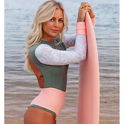 Women's Swimwear One Piece Swimsuit Floral Bodysuit Open Back Bathing Suit Dark Green UV Sun Protection Breathable Quick Dry Long Sleeve - Swimming Surfing Beach Autumn Spring Lightinthebox