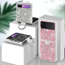 Phone Case For Samsung Galaxy Back Cover Z Flip Z Flip 3 Portable Detachable Ring Holder Solid Colored Glitter Shine PC Metal Lightinthebox