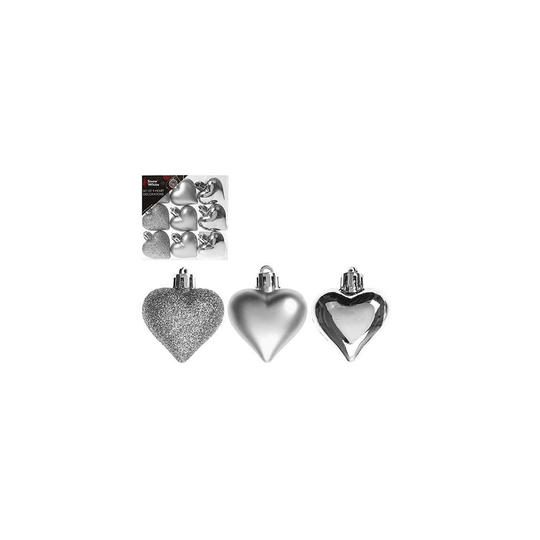 PMS SET OF 9 4CM HEART DECORATIONS IN PVC BOX SILVER