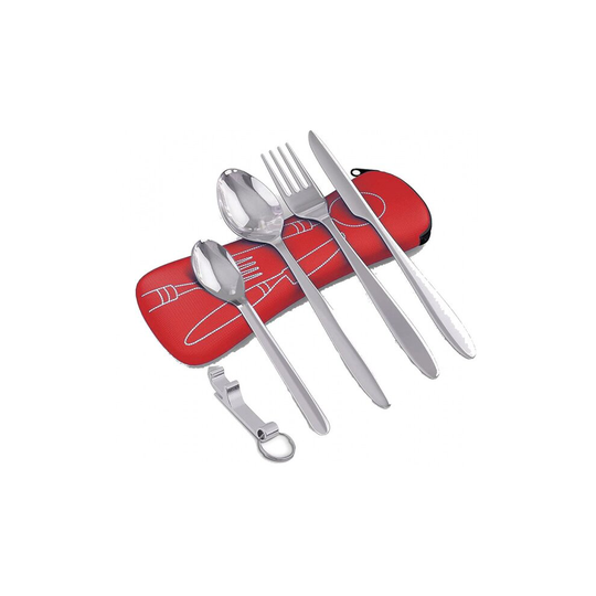 camping cutlery set stainless steel/neoprene red/silver 6 pieces
