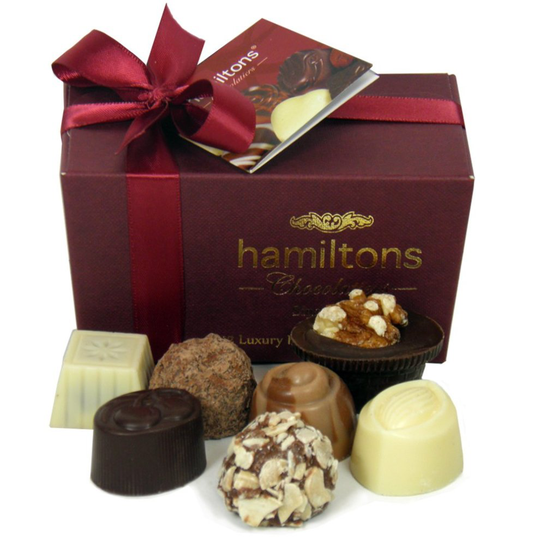 Hamiltons Burgundy Luxury Belgian Ballotin 12 Handmade Chocolates Gift Box