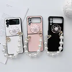 Phone Case For Samsung Galaxy Back Cover Flip Z Flip 4 Z Flip 3 Flip with Wrist Strap Magnetic Flip Solid Colored Flower PC Lightinthebox