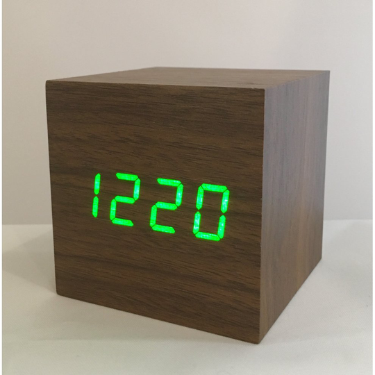 (Brown with Green LED) Wooden LED Box Clock | Sound-Activated Clock