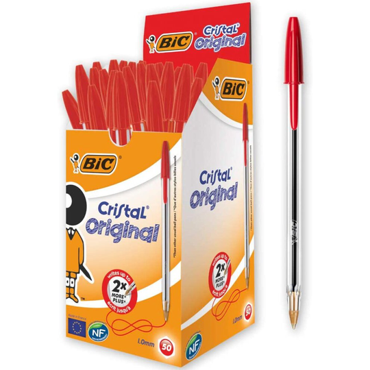 BIC Cristal Original Ballpoint Pens, Medium Point (1.0 mm), Red, Box of 50 - Smudge-Free, Every-Day Writing Pens with Clear Barrel