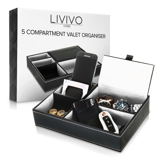Stylish 5 Compartment Leather Valet Tray Mens Dresser Wallet Cards Office Jewellery Storage Organiser Box